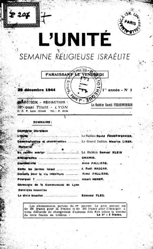 L'Unité : Semaine religieuse israélite. 1ère Année N° 1 (29 décembre 1944)